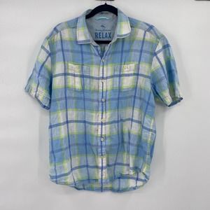Tommy Bahama Men’s Large 100% Linen Plaid Woven Shirt